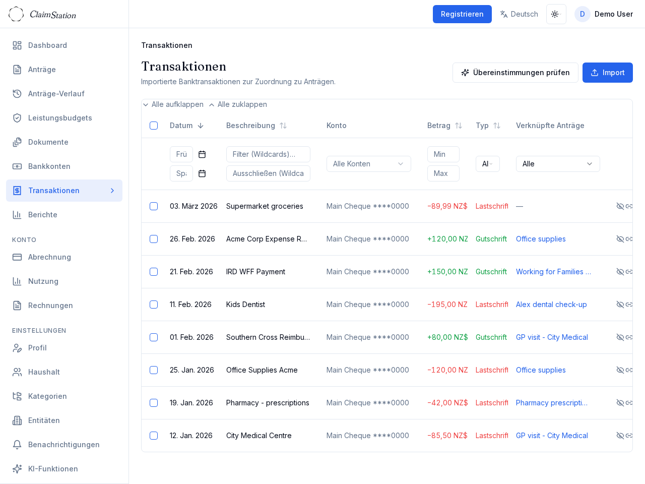 ClaimStation Transaktionsansicht